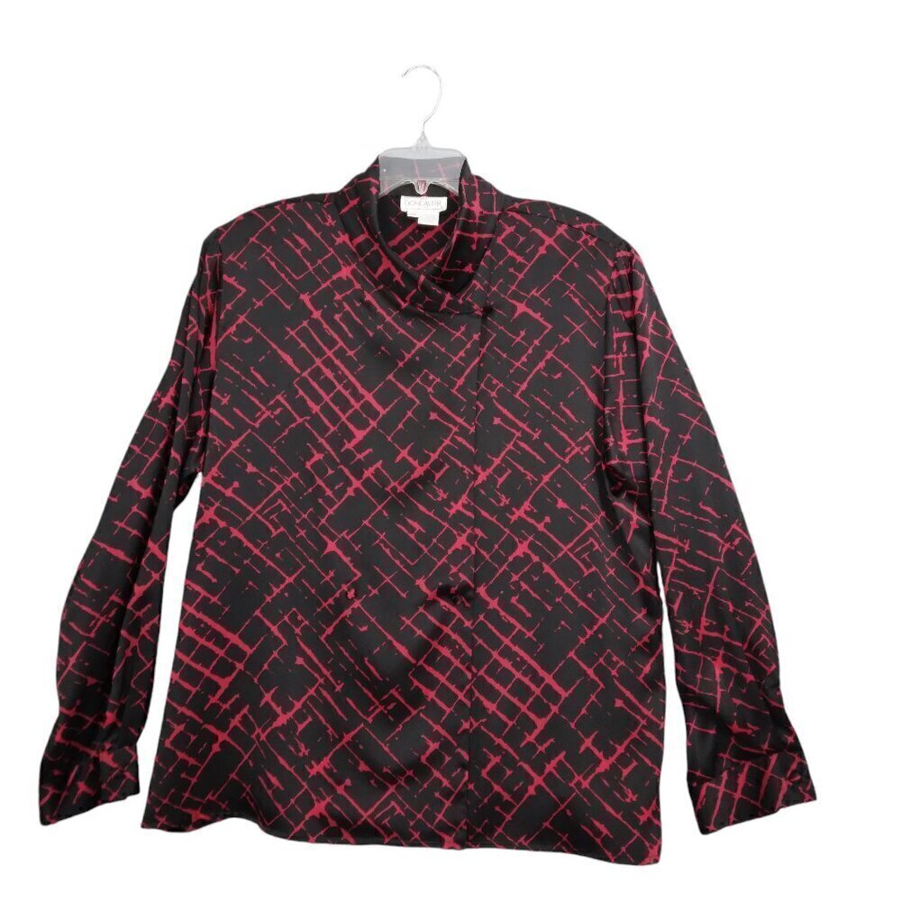 Vintage 100% Silk Loose Fit Front Button Blouse Red Black Doncaster | Size 16 - Picture 2 of 7